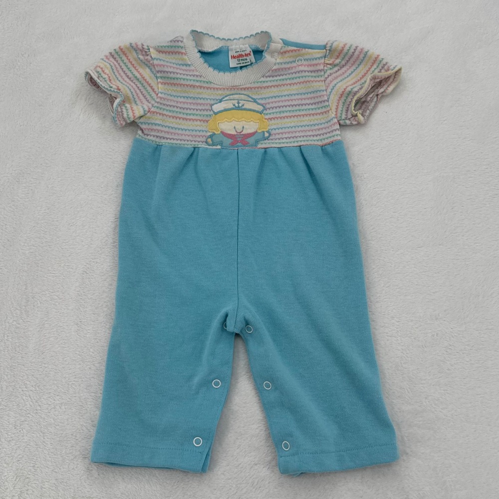 Vintage 80's Health-tex Romper Baby Girl Size 12 Months Nautical Sailor Stripes